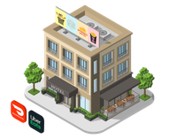 The exterior of a hotel with a sign for MrBeast Burger.
