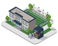 The exterior of a University with a sign for MrBeast Burger and floating logos for Uber Eats and Doordash.