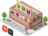 The exterior of a bodega with a sign for MrBeast Burger and floating logos for Uber Eats and Doordash.