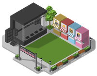 The exterior of an entertainment venue with a sign for MrBeast Burger and floating logos for Uber Eats and Doordash.