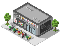 The exterior of a ghost kitchen with a sign for MrBeast Burger and floating logos for Uber Eats and Doordash.