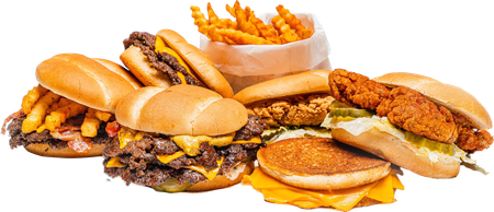 A pile of burgers, sandwiches, and fries from VDC brands