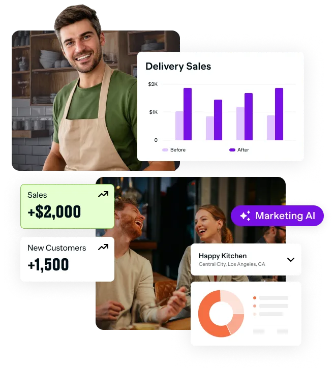 Smiling restaurant owner with analytics showing increased delivery sales, customer growth, and revenue, highlighting Virtual Dining Concepts and AI-driven marketing.
